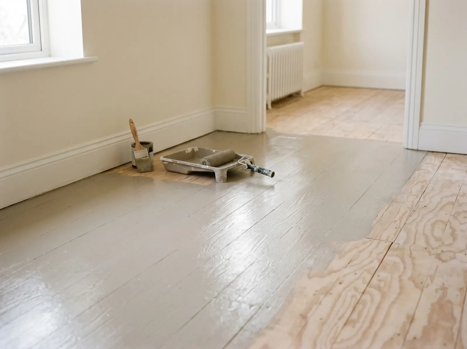 Plywood floor with first coat of greige floor enamel drying in an empty room