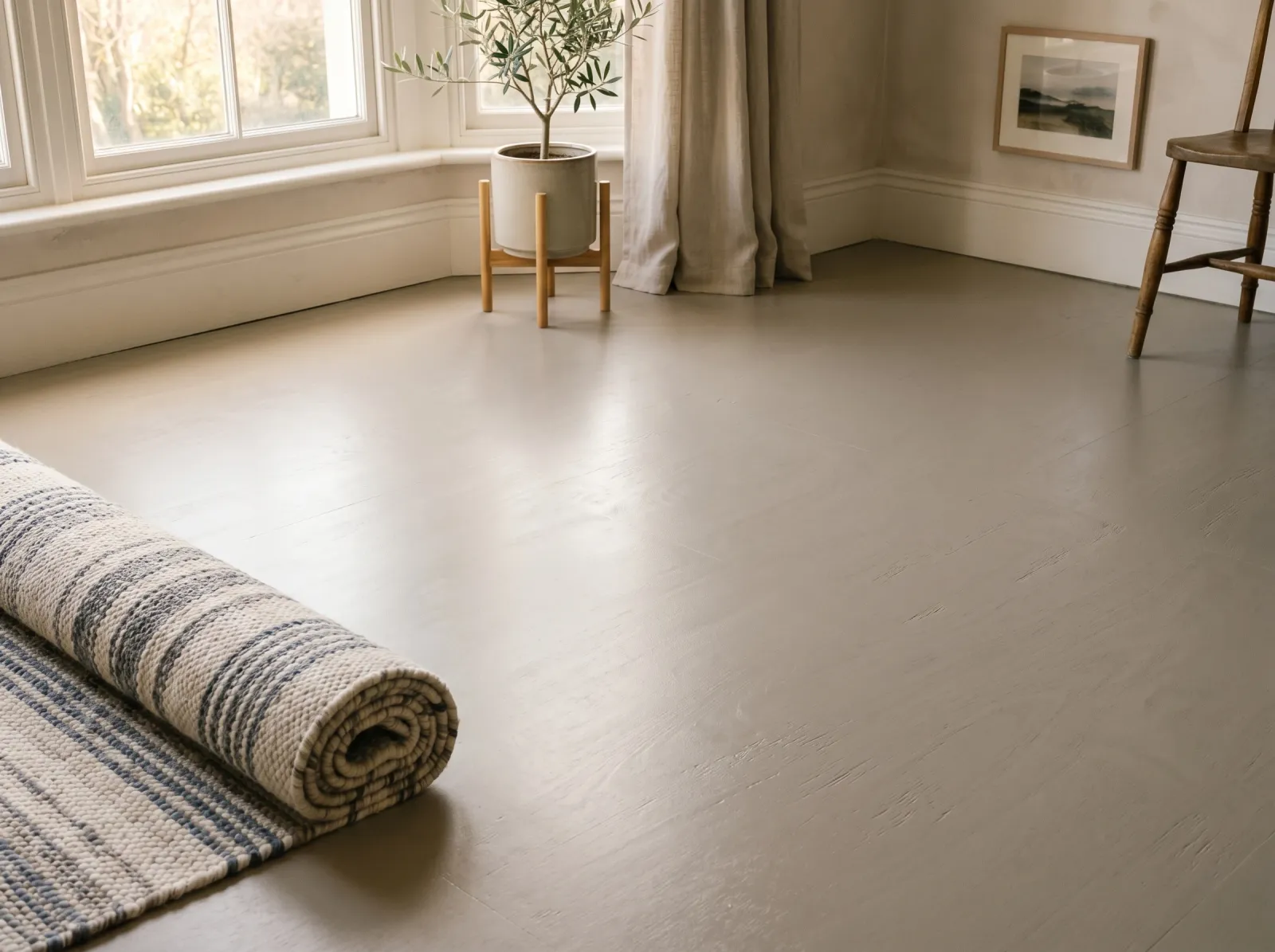 Finished painted plywood floor in greige with a clear satin topcoat
