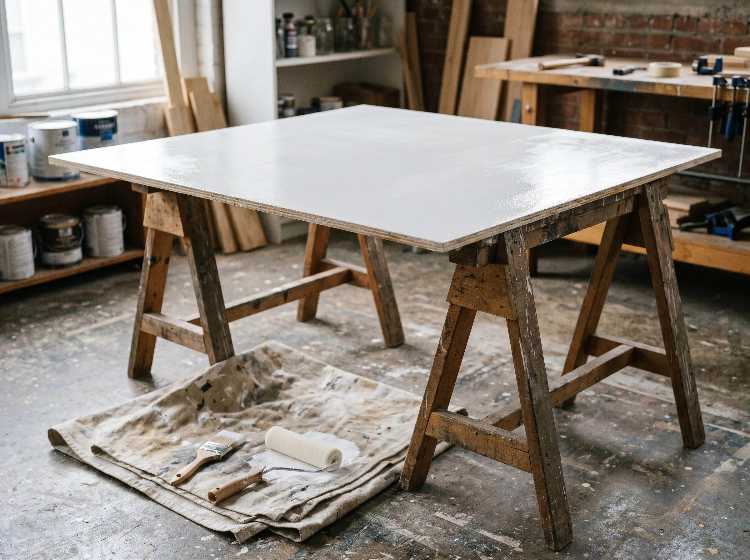 Plywood panel with first finish coat drying on sawhorses
