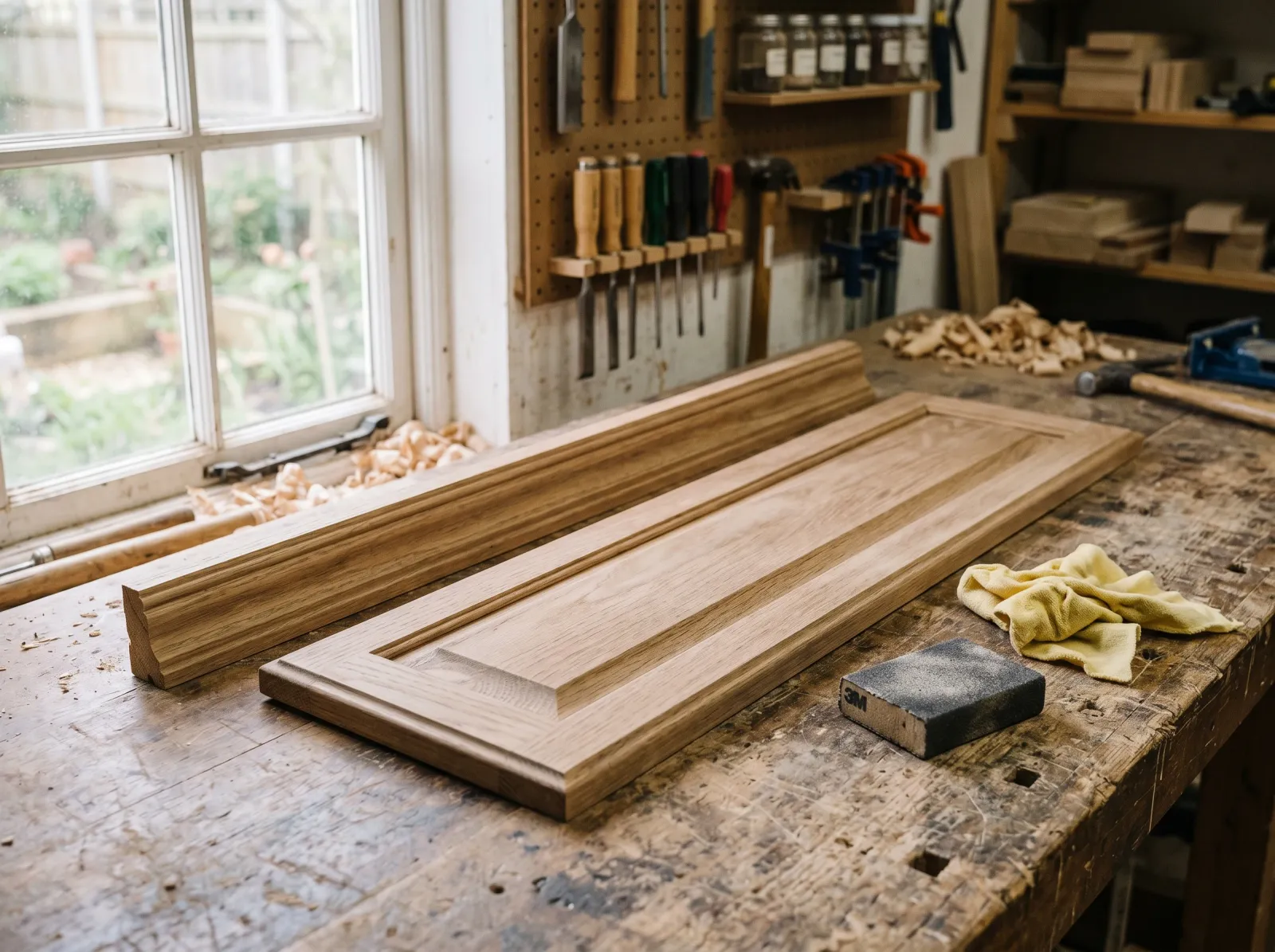 Polyurethane-finished oak trim sanded to a dull even haze on a workbench