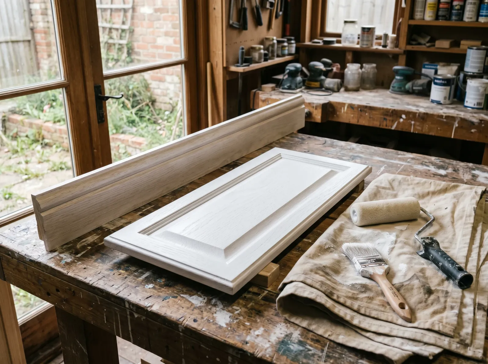 Previously polyurethane-finished trim and door coated in white bonding primer