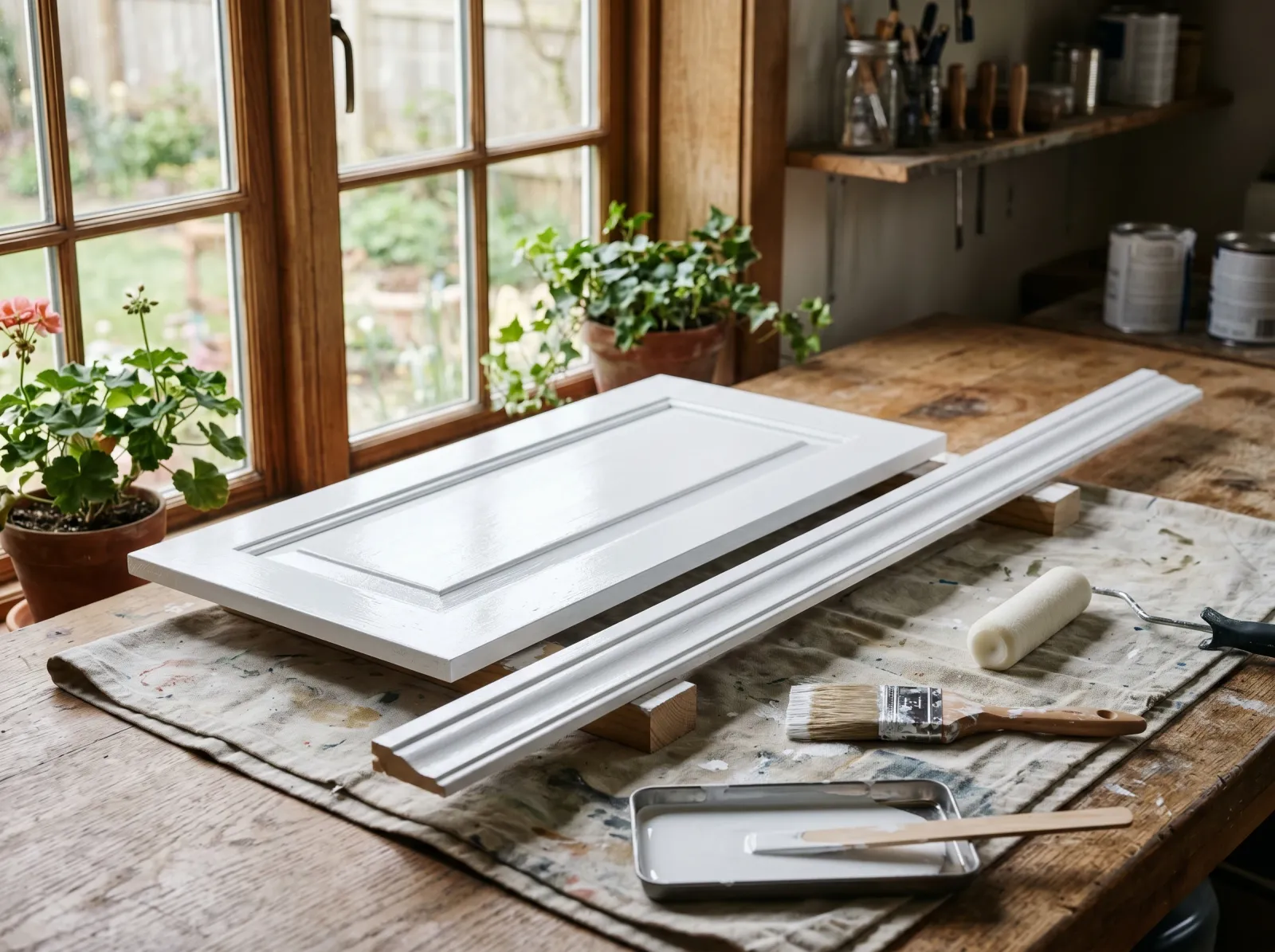 Trim and cabinet door with a first finish coat of white enamel drying