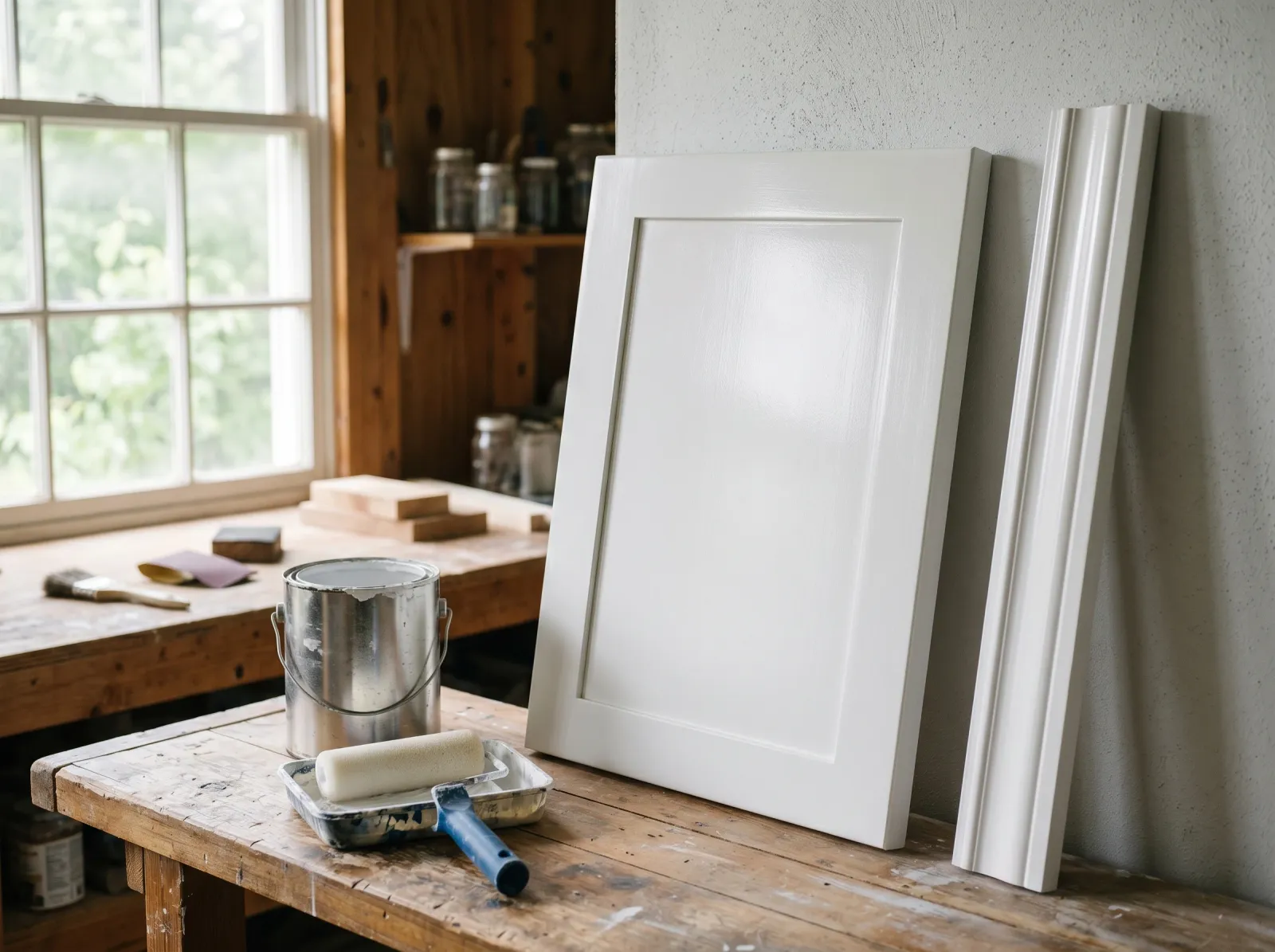 Finished white-painted trim and cabinet door with a smooth semi-gloss finish