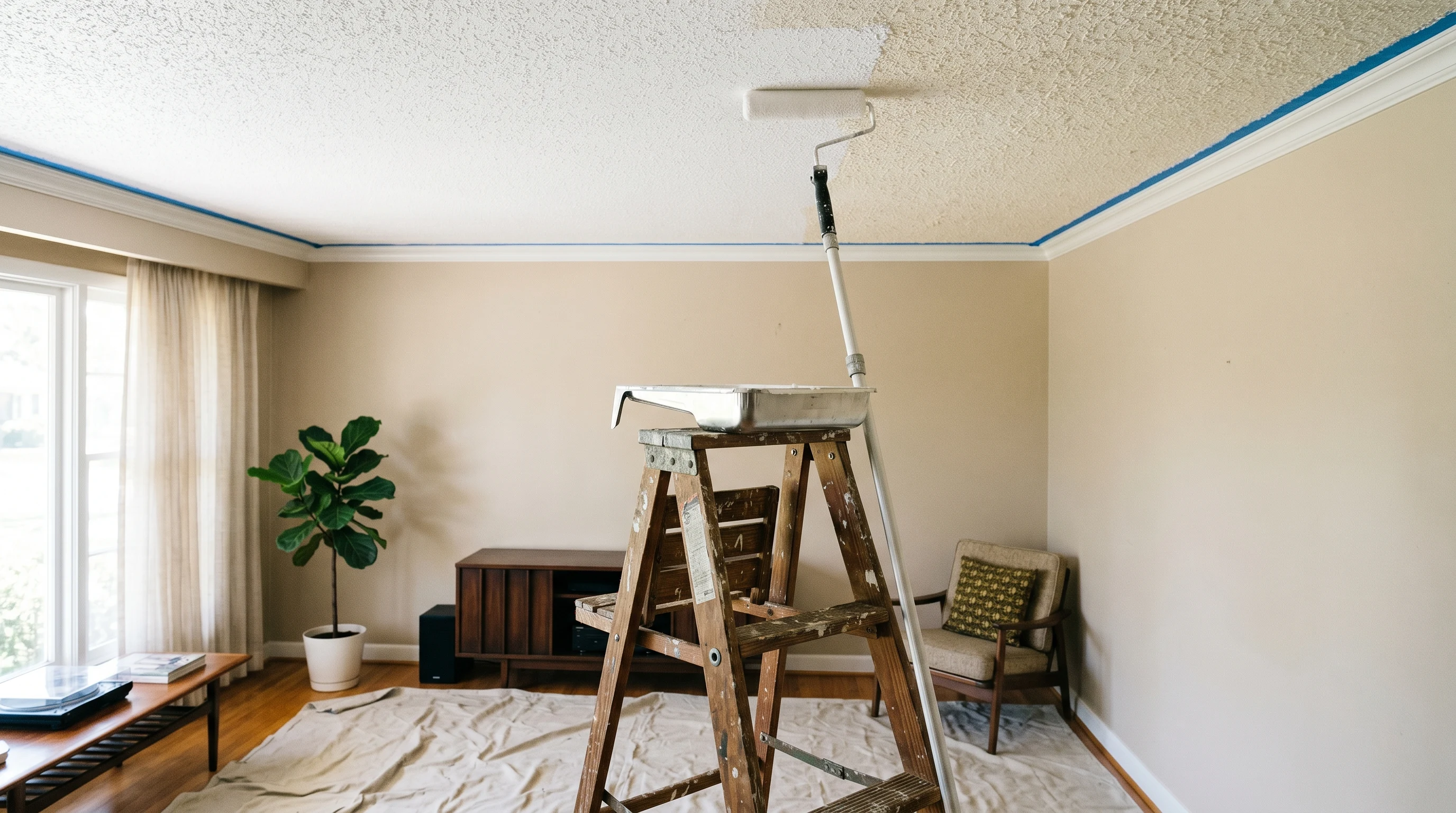 Interior living room with a popcorn ceiling being repainted, wooden stepladder and extension-pole roller mid mist-coat under soft daylight