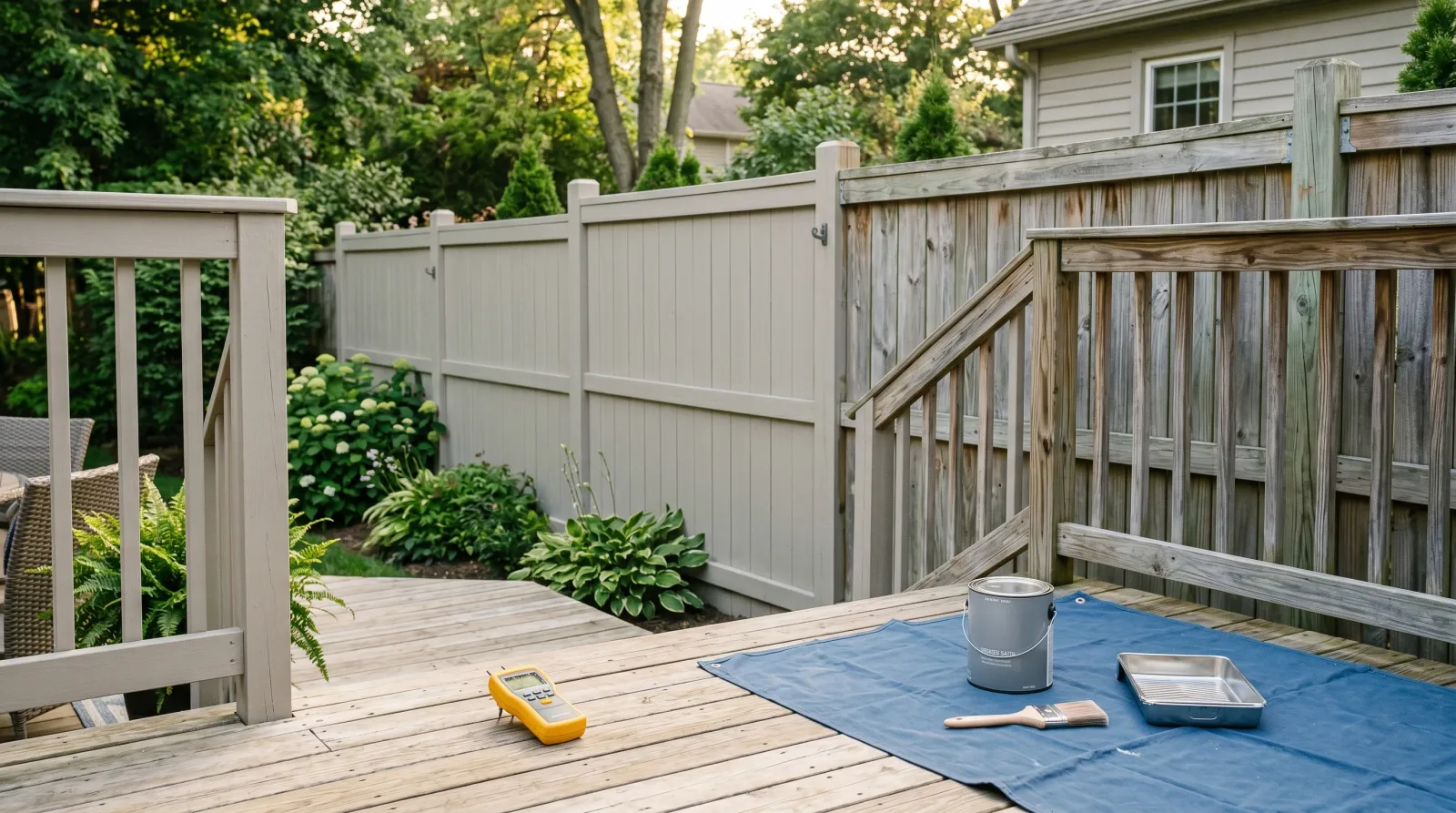 Backyard pressure-treated fence half painted greige, half raw weathered PT lumber, with a moisture meter resting on a board