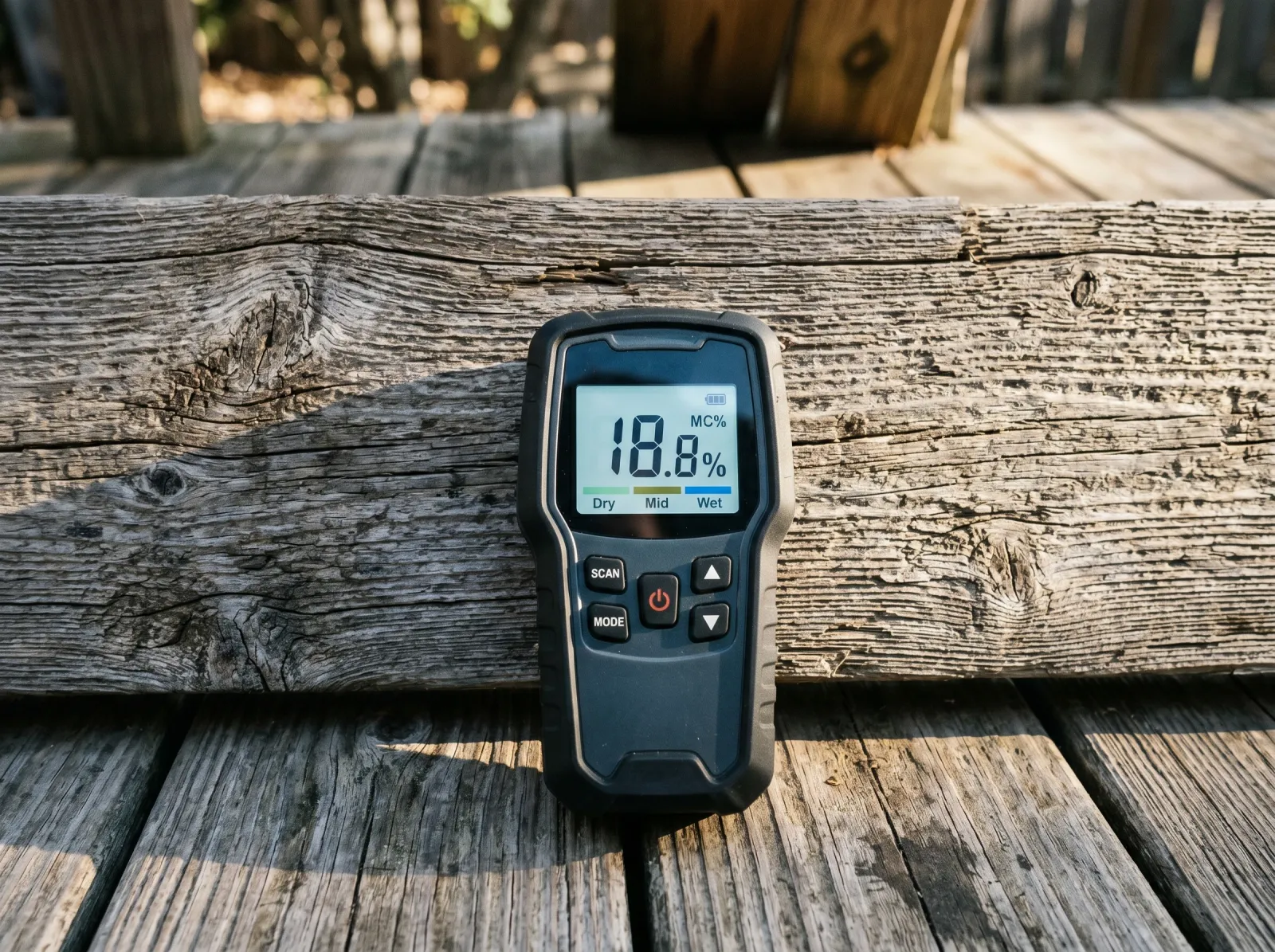 Pinless moisture meter pressed against a pressure-treated deck board to check moisture before painting