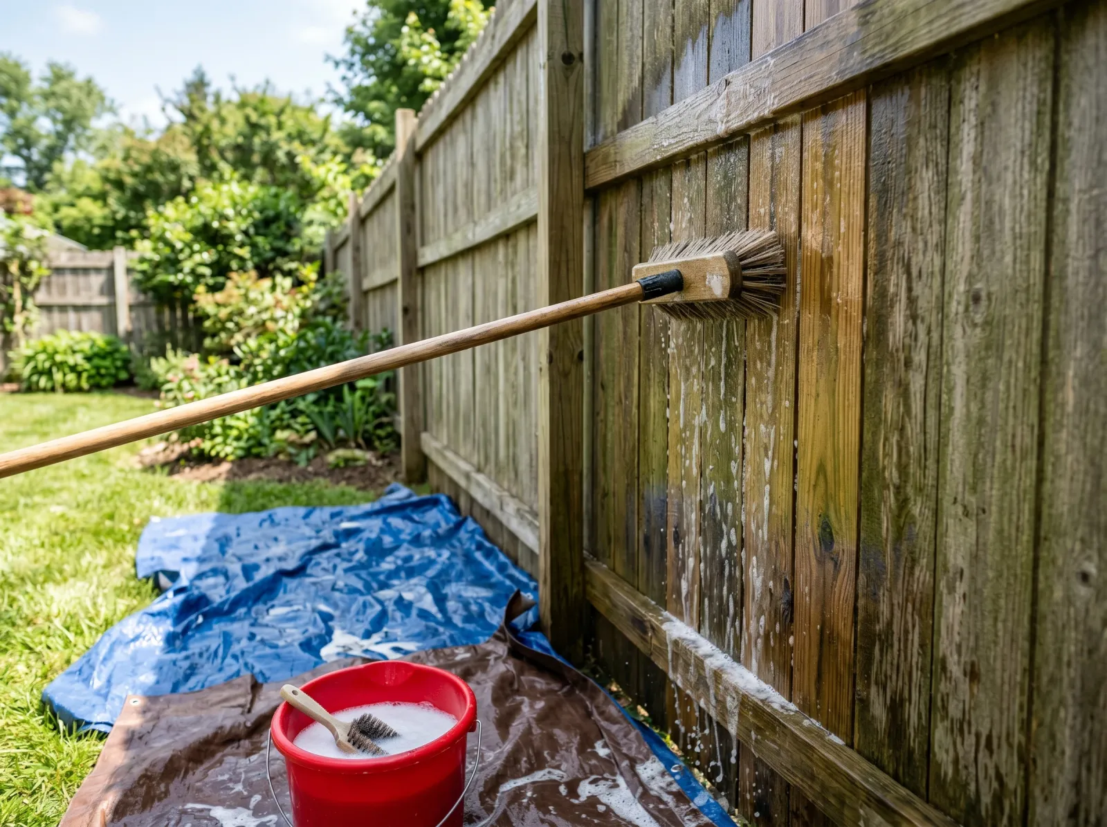 Pressure-treated fence boards being scrubbed with deck cleaner and a stiff brush