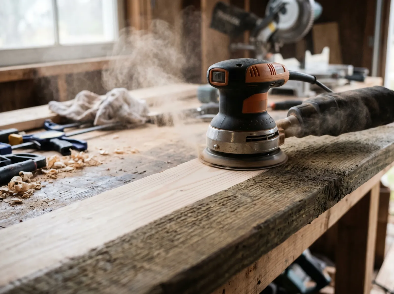 Random-orbit sander breaking the mill glaze on a pressure-treated board