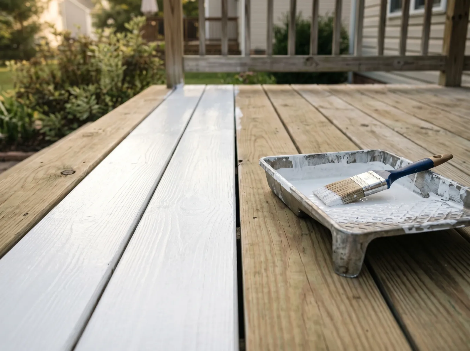 Pressure-treated deck board freshly coated with white stain-blocking oil primer
