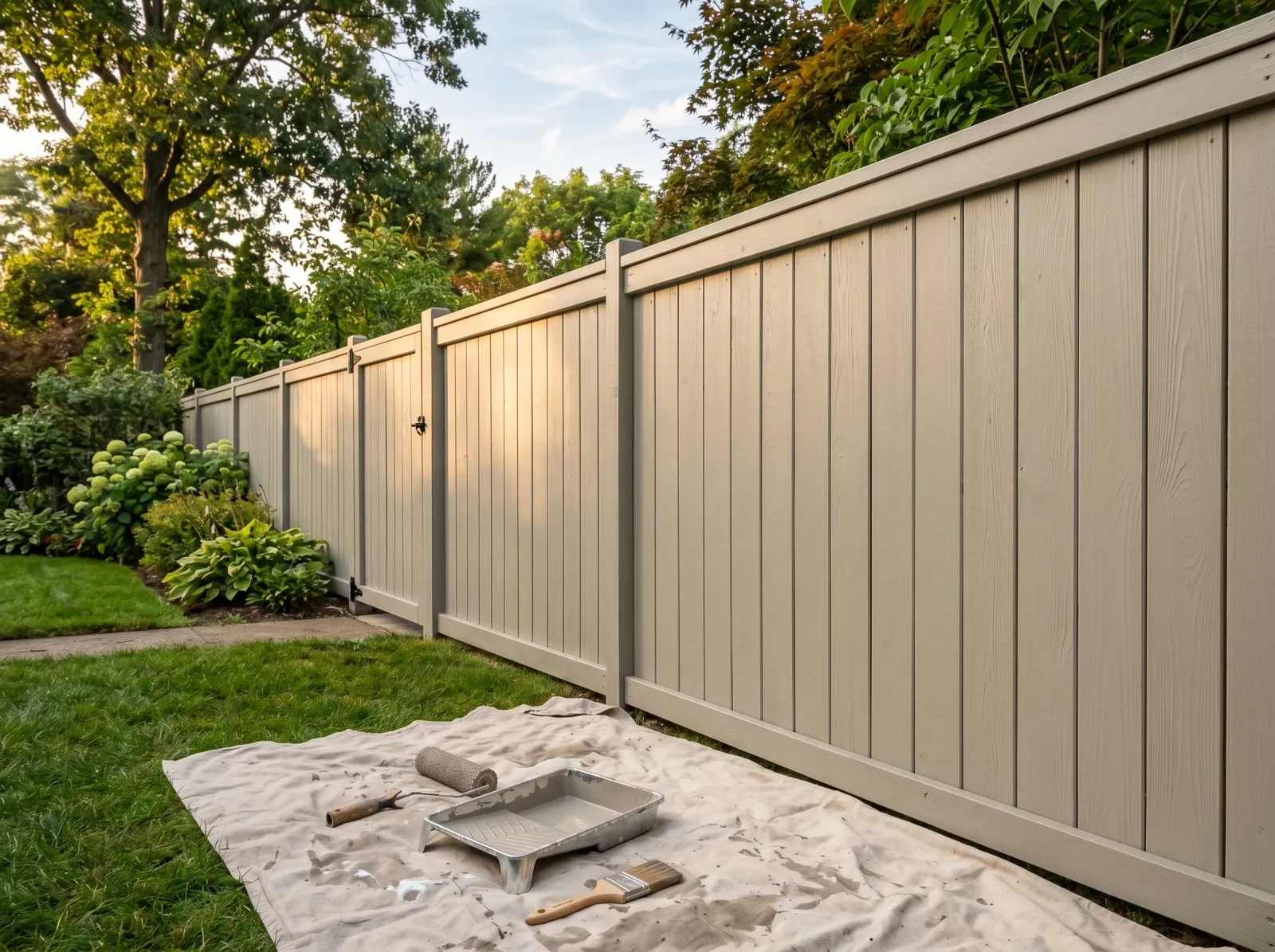 Finished pressure-treated fence painted soft greige with crisp board lines