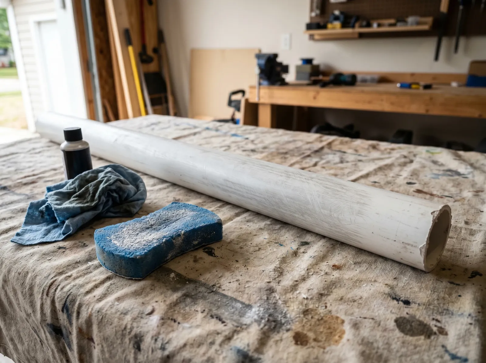 White PVC pipe scuffed to a dull even haze on a drop cloth before priming