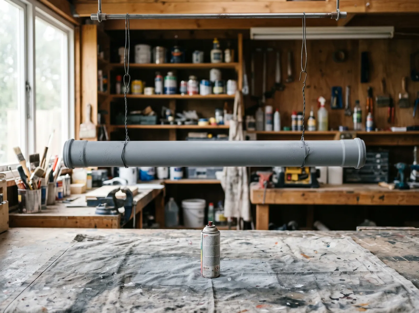 PVC pipe coated in gray bonding primer, hung to dry on wire hangers