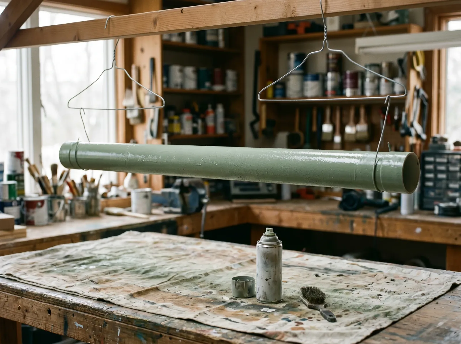 PVC pipe with a first thin color coat drying, hung on wire hangers