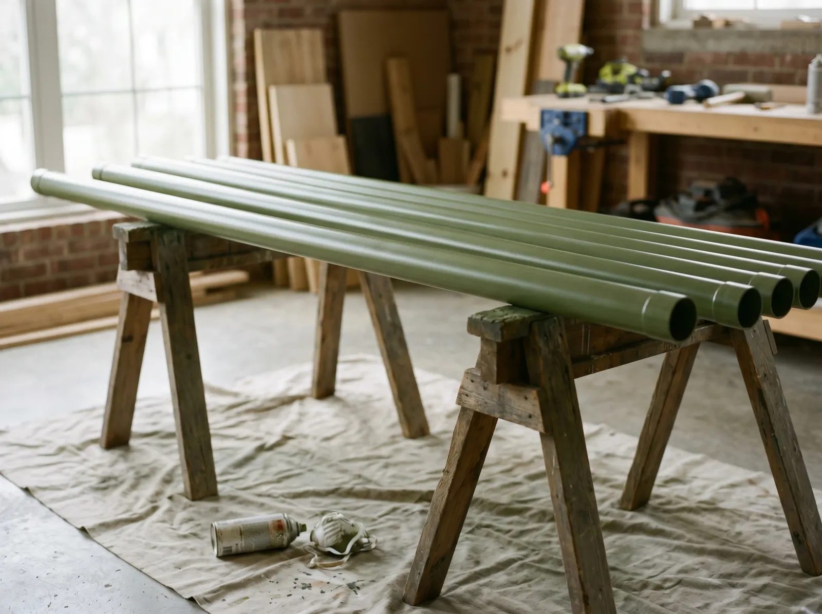 Finished painted PVC pipe in an even satin finish resting on sawhorses