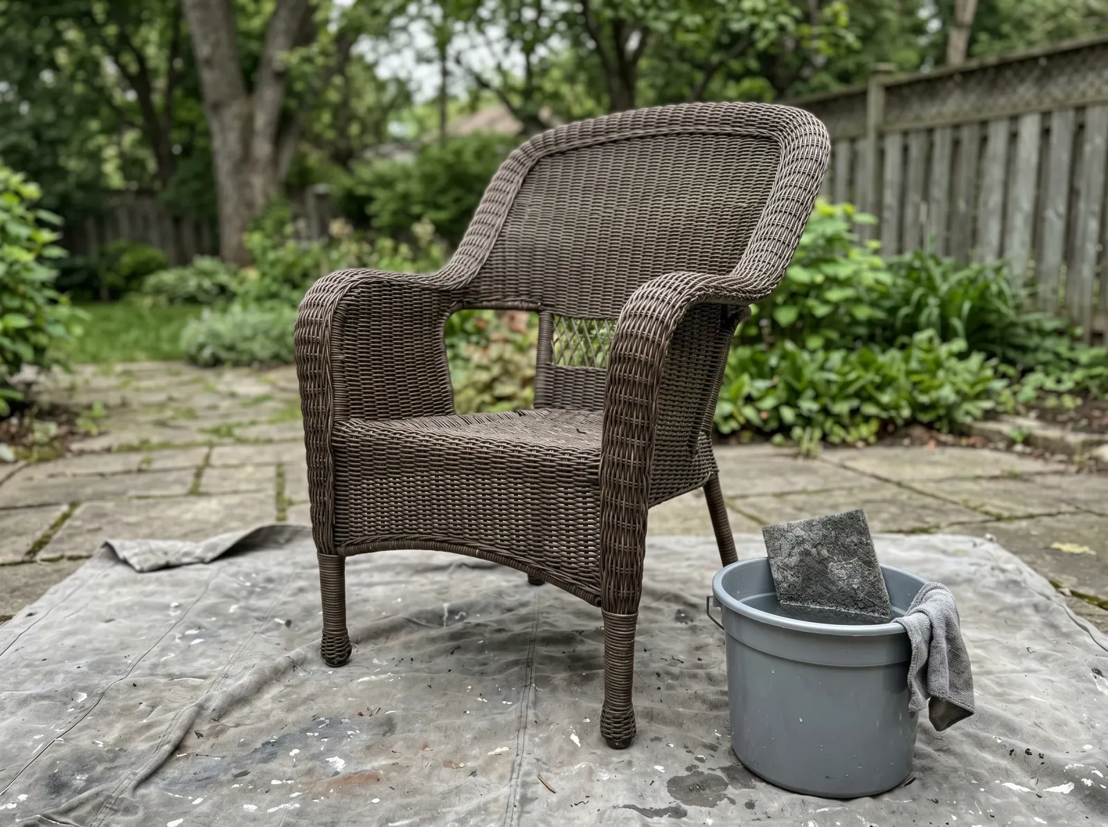 Resin wicker chair washed and scuff-sanded matte on a drop cloth