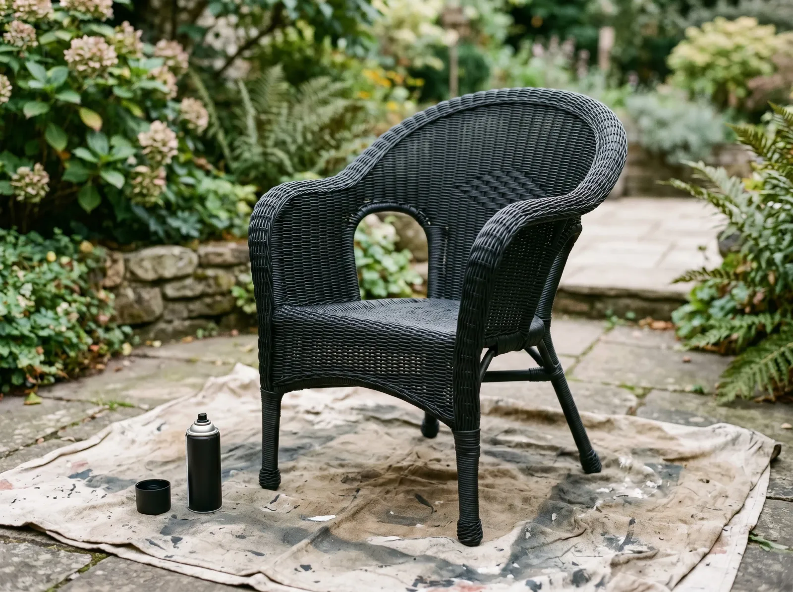 Resin wicker chair with first black color coat drying