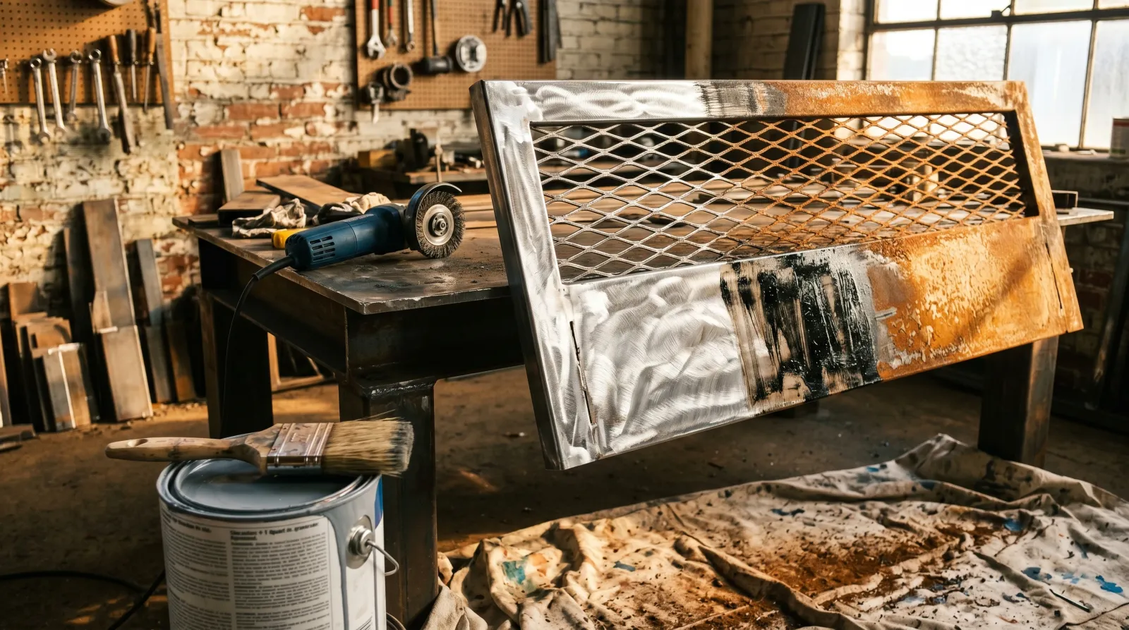 Rusted steel gate panel mid-prep on workshop sawhorses, half ground to bright metal and half showing phosphoric-acid converter turning rust black
