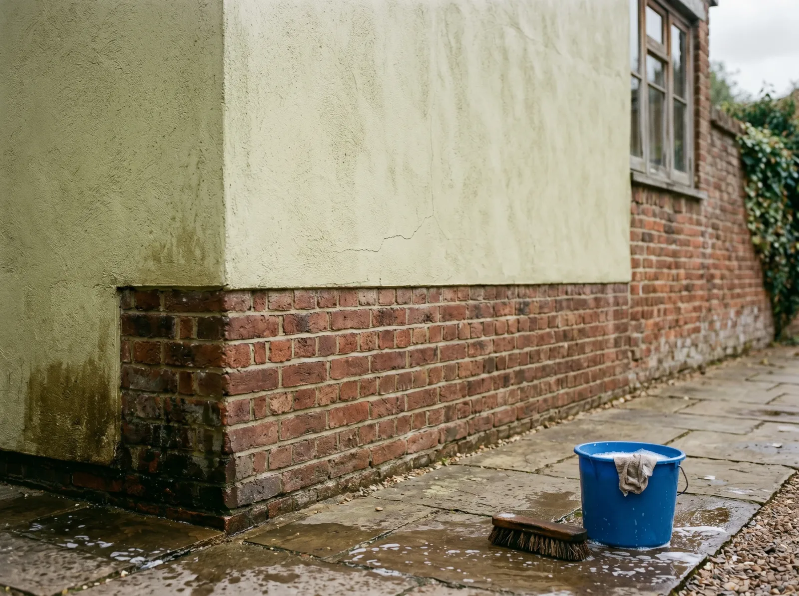 Clean masonry wall drying out with one hairline crack visible before priming