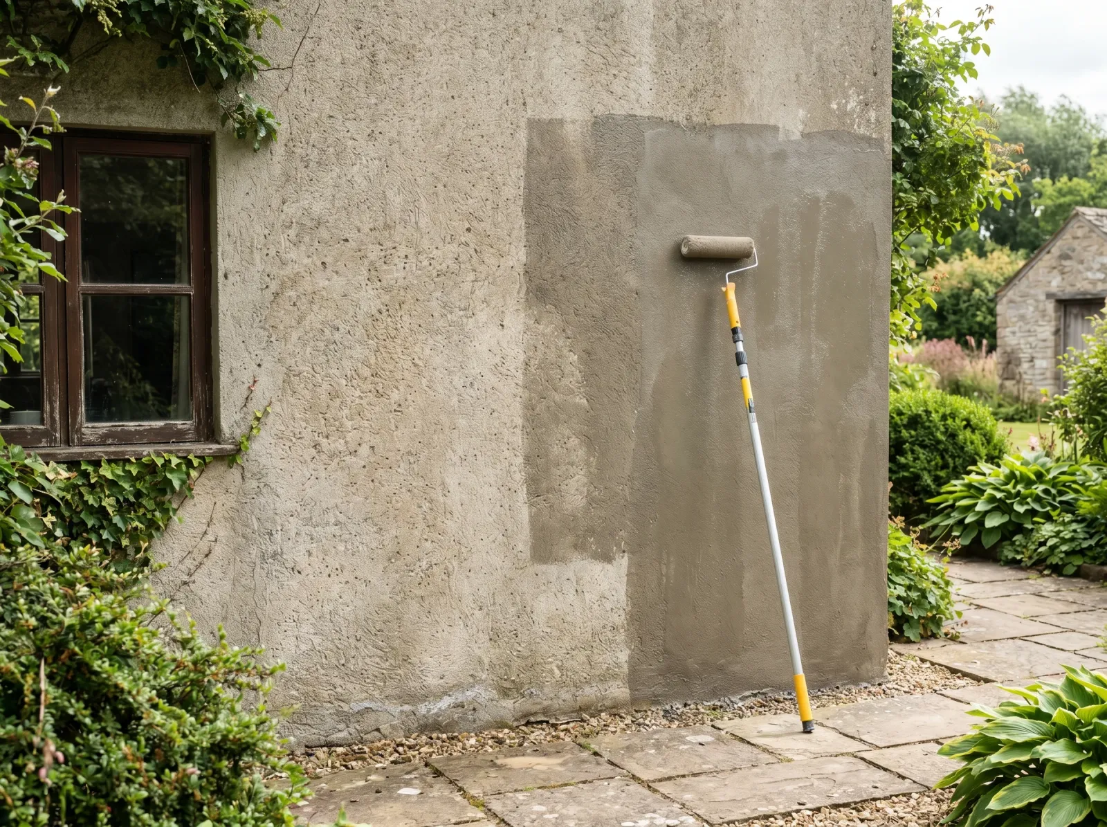 Masonry render wall after a clear stabilizing primer coat, primed area darker and more uniform