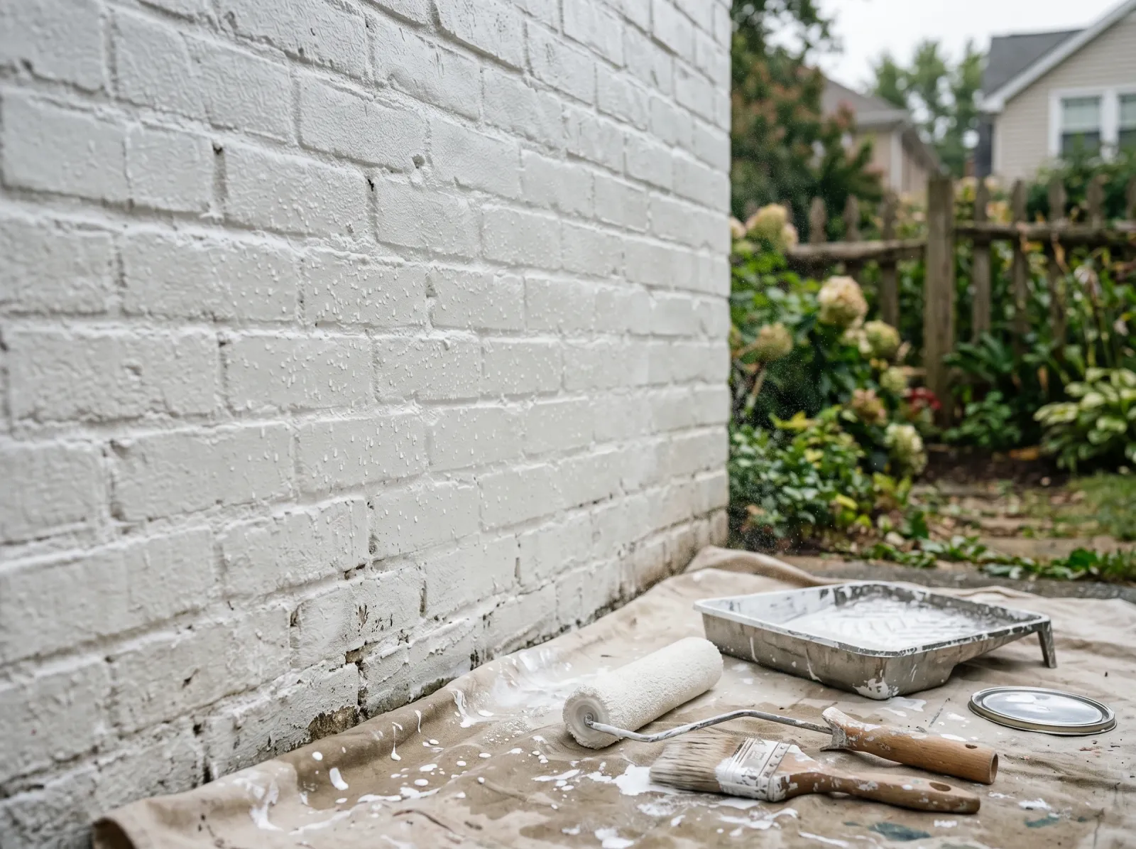 Masonry wall with first coat of white silicone paint, water beading on the surface