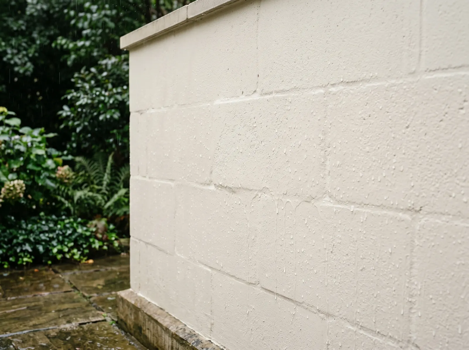 Finished matte white silicone masonry wall with rain beading and running off the surface