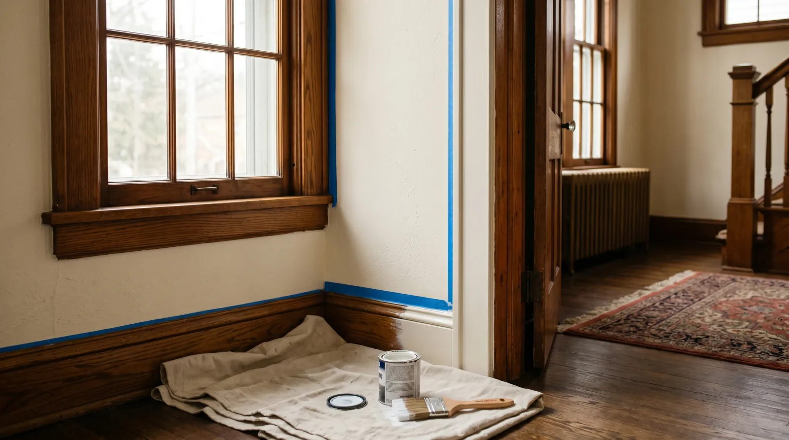 Stained oak door casing half painted white with the other half still showing honey-stained varnish, mid paint-over job