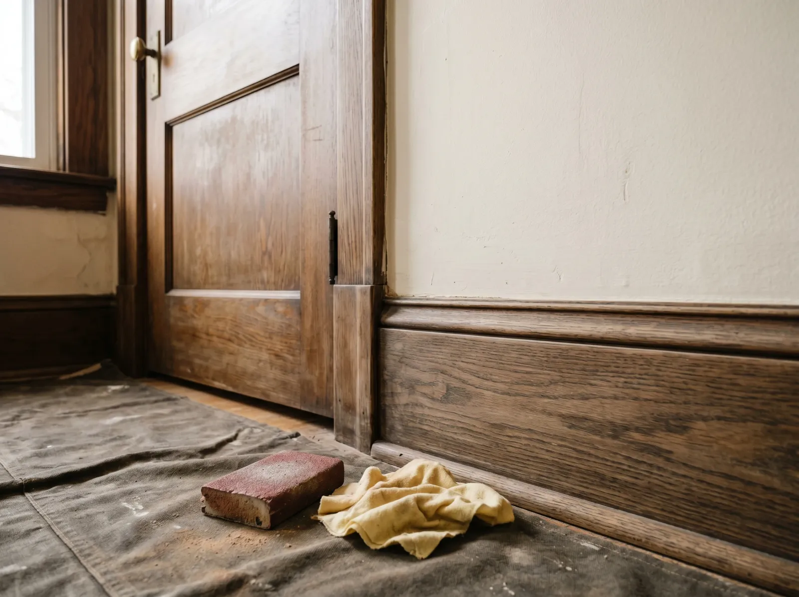 Stained wood trim scuff-sanded to a dull haze with a sanding sponge resting nearby