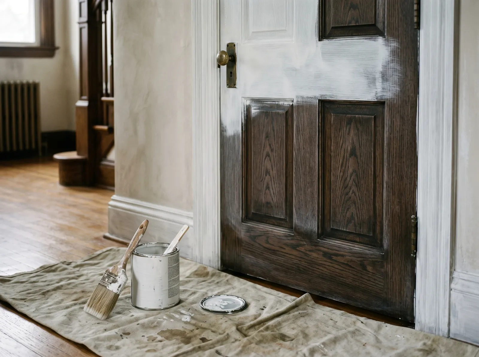 Stained wood trim with one coat of white bonding primer, dark grain faintly showing through
