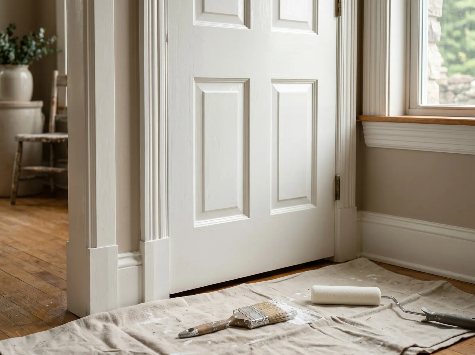Door and trim with a first white finish coat drying