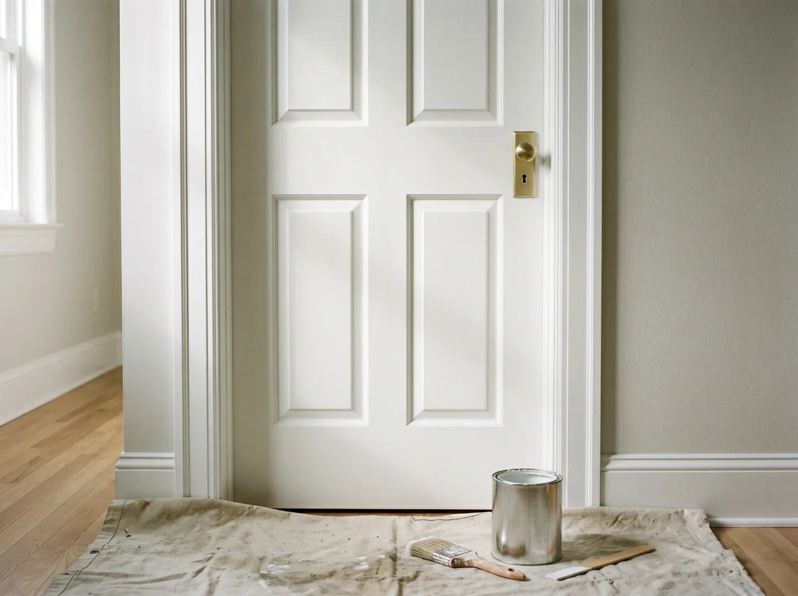 Finished white-painted trim and door over what was stained wood