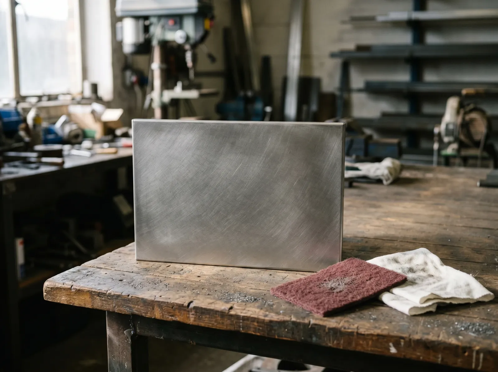 Stainless steel panel scuffed to an even dull matte finish