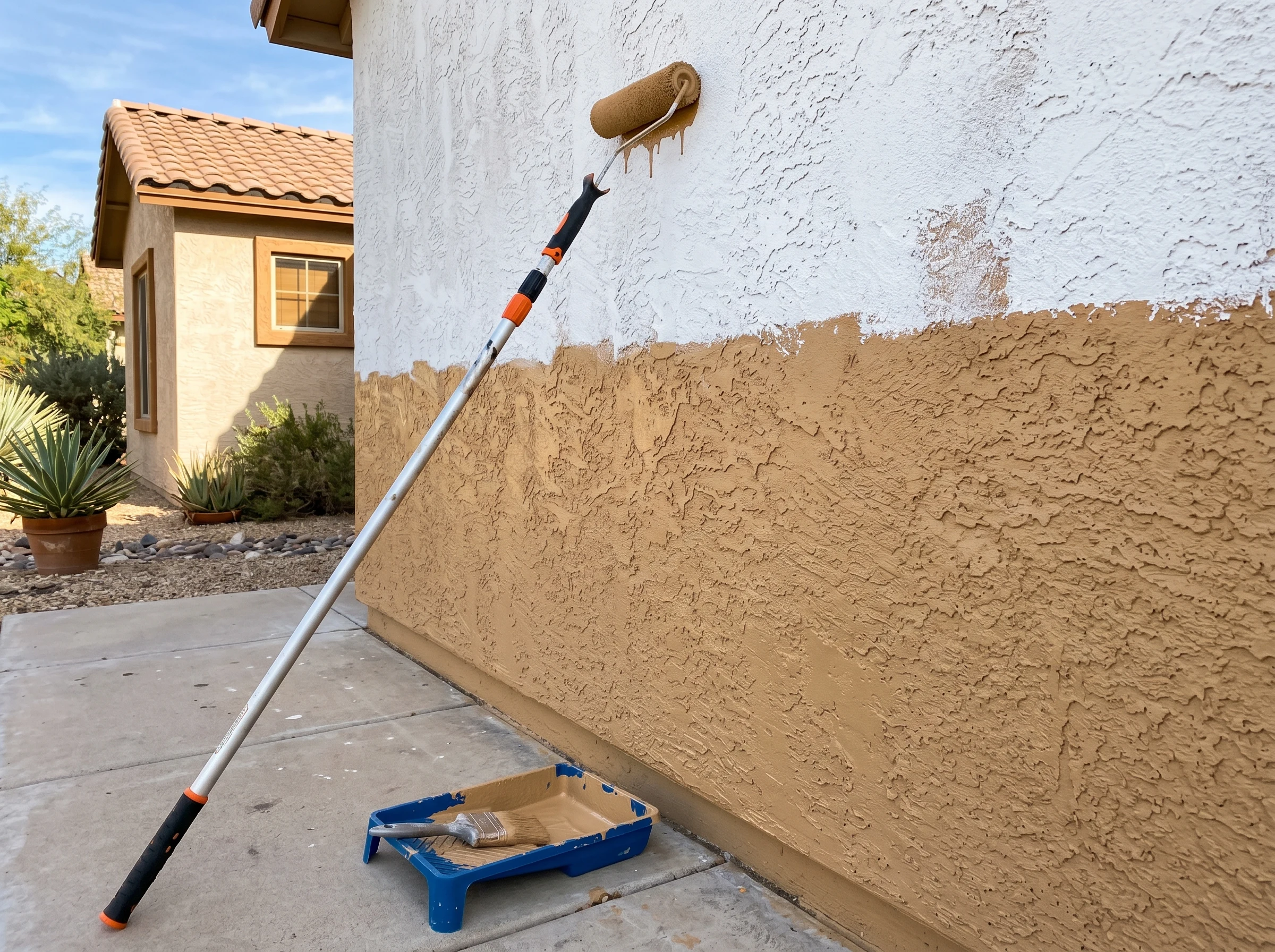 Finished painted stucco wall in warm desert tan with texture still readable under the coating