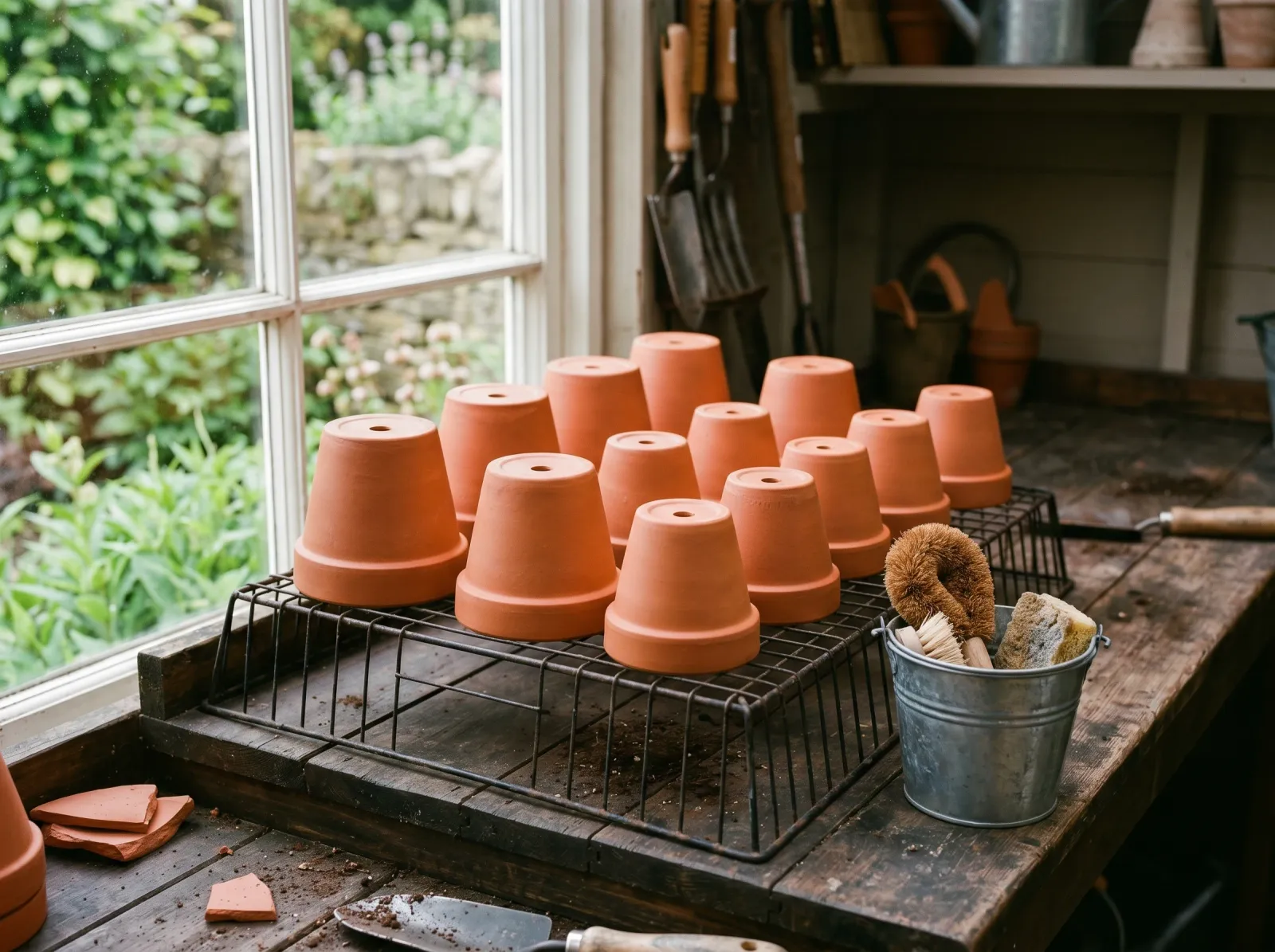 Clean raw terracotta pots drying upside down on a wire rack