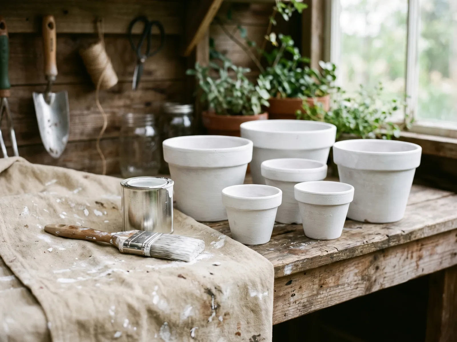 Terracotta pots coated in white bonding primer on a potting bench