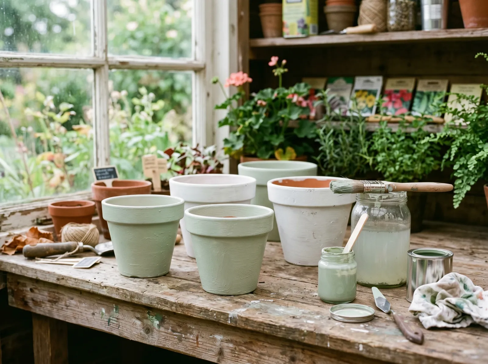 Terracotta pots with a first color coat drying on a potting bench