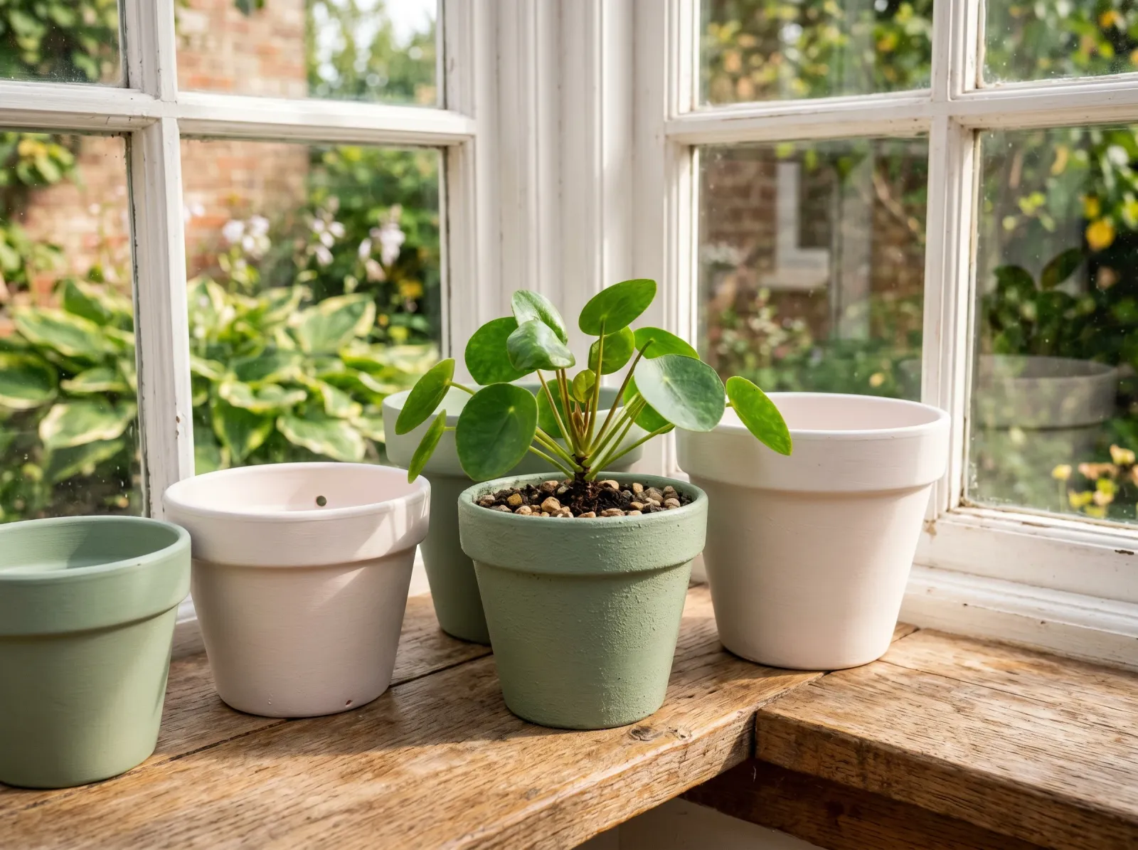 Finished painted terracotta pots, one planted, on a sunny windowsill