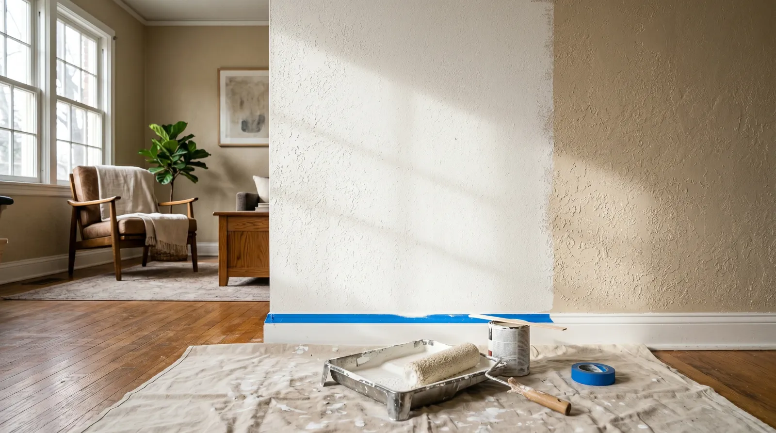Knockdown textured wall half painted warm white with a thick-nap roller in a tray on a drop cloth