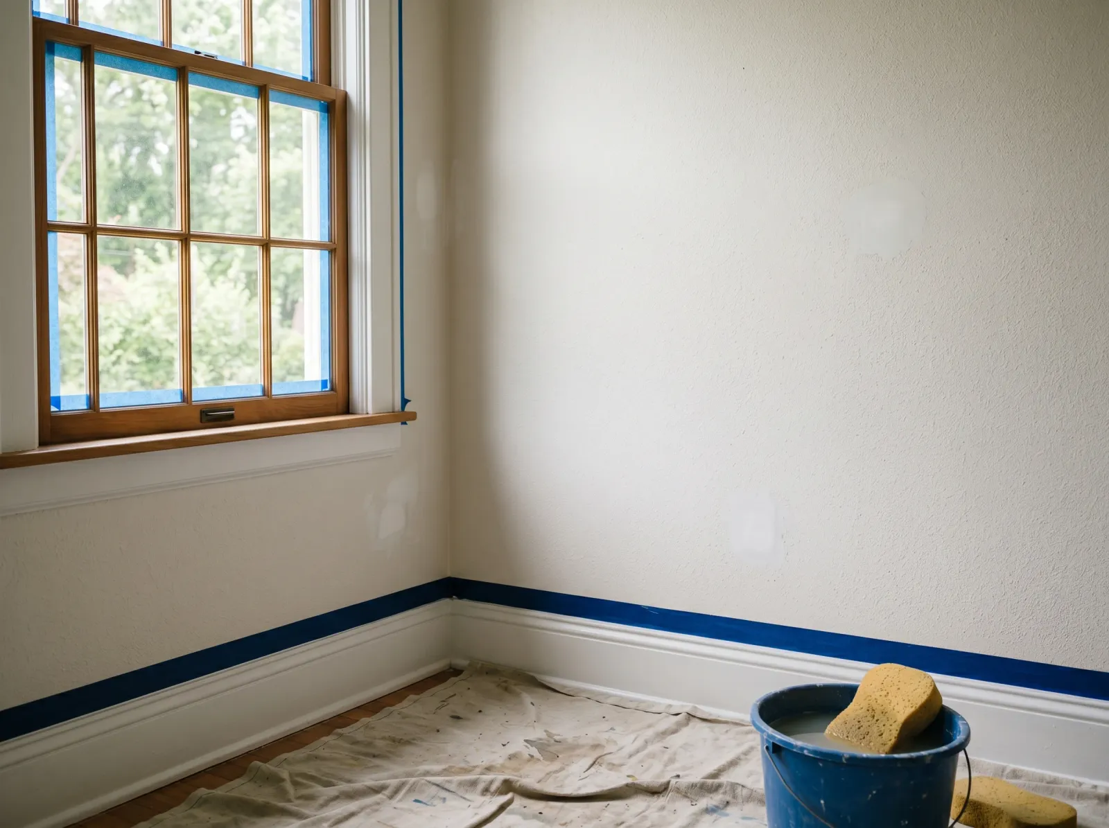 Textured drywall room taped at the baseboards with small spackle patches drying