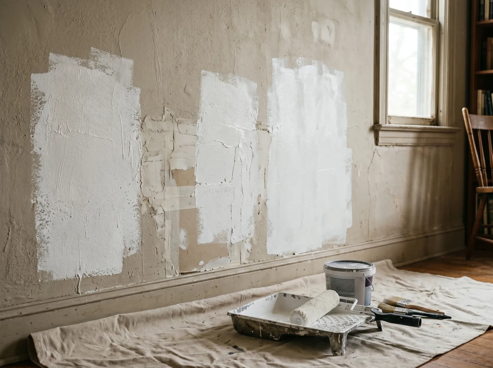 Textured wall with primer spot-rolled over repair patches before the first finish coat