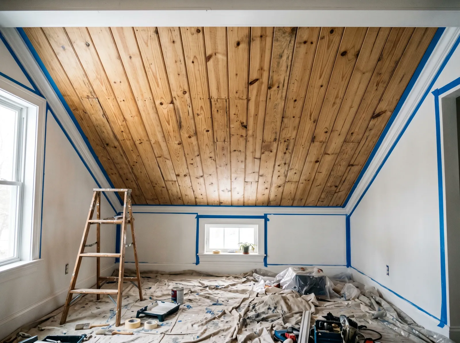 Tongue-and-groove plank ceiling pre-paint, masked at the walls