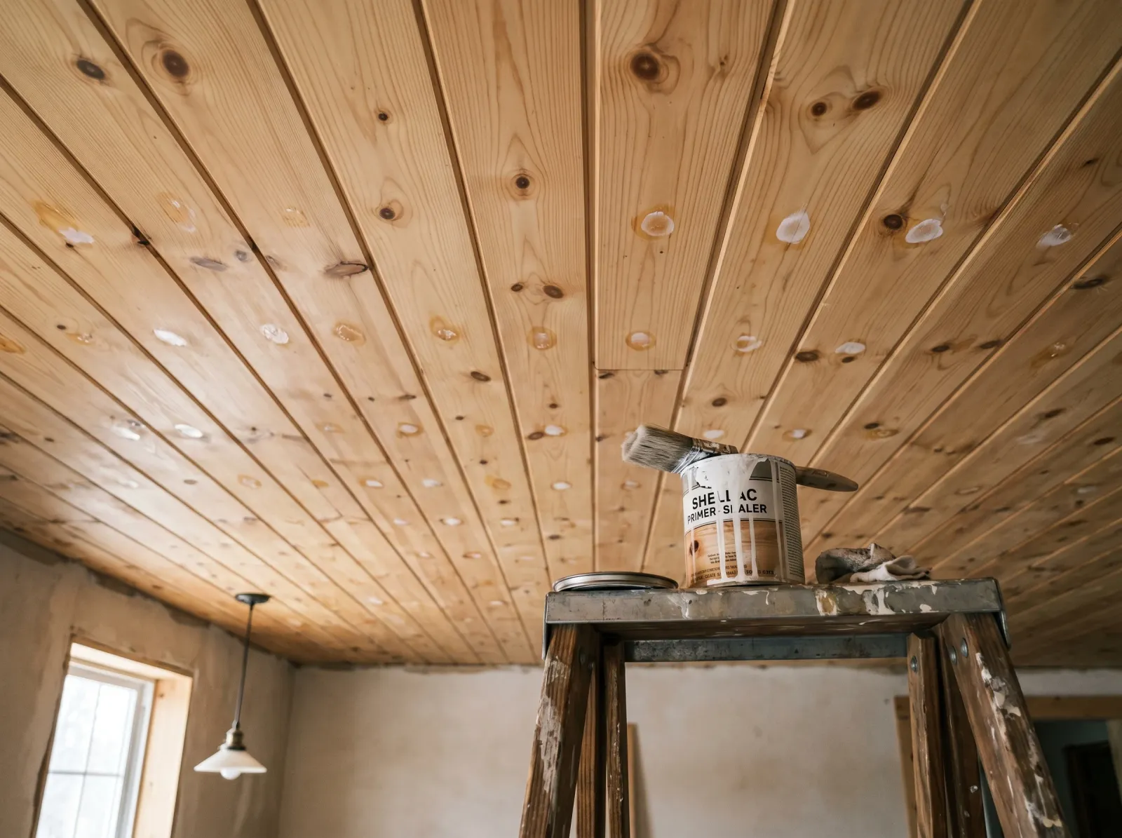 Tongue-and-groove ceiling planks with knots spotted in shellac primer