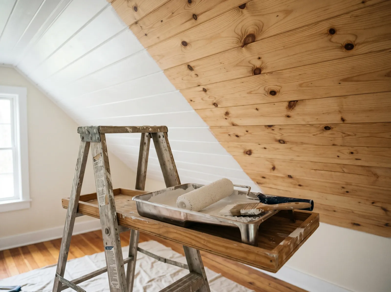 Tongue-and-groove ceiling mid-first-coat, half painted half bare