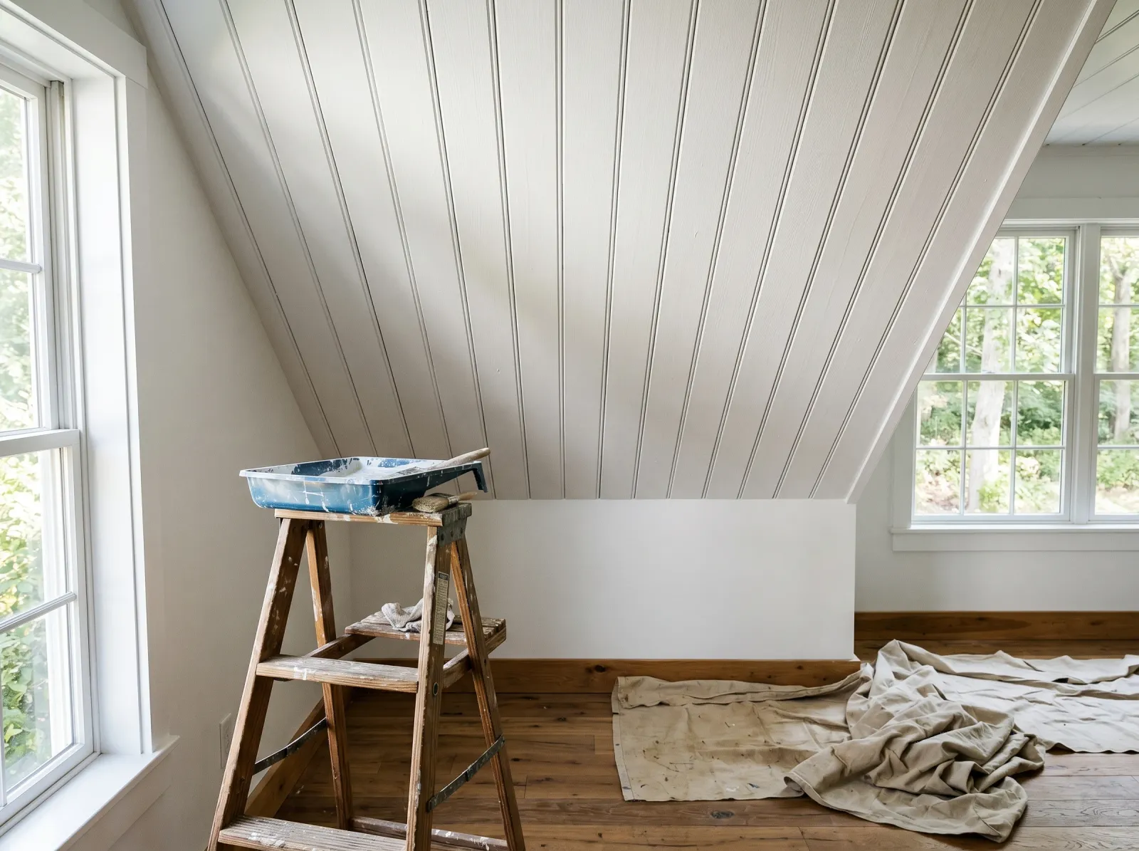 Finished white tongue-and-groove plank ceiling, two coats cured