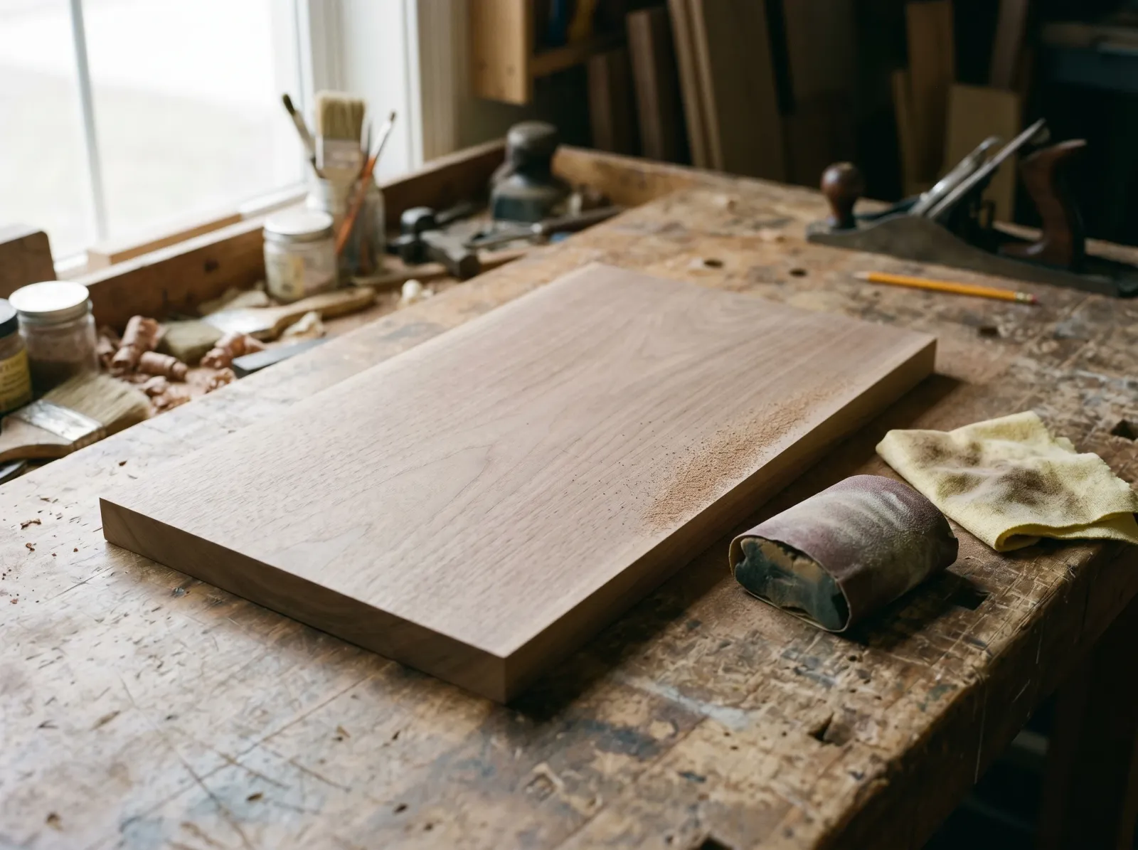 Wood board after degreasing and sanding, surface matte and open-grained