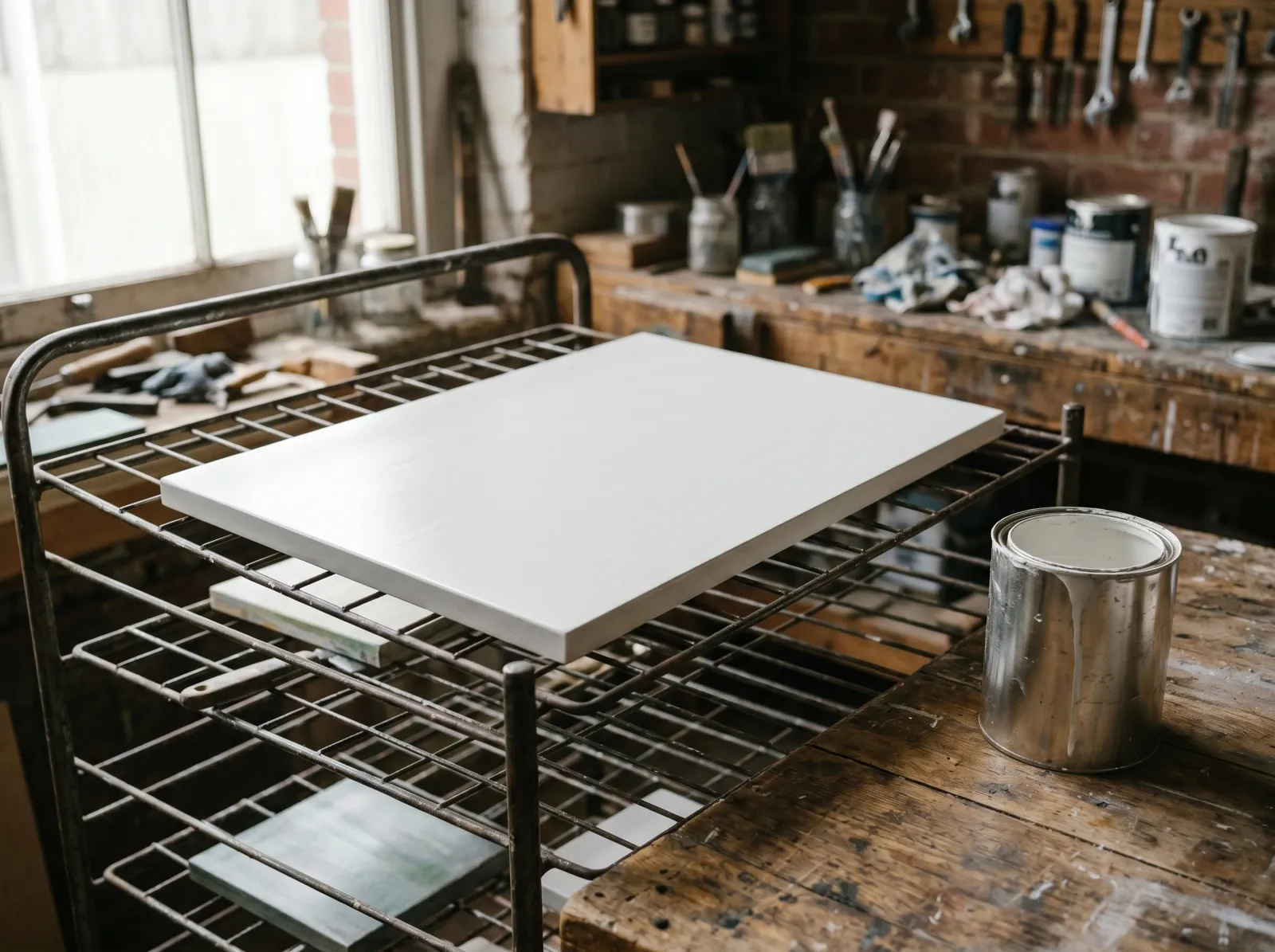 Finished painted wood board with smooth satin film on a drying rack