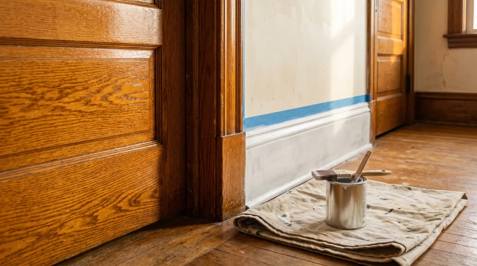 Varnished oak door trim mid-paint job, one side still glossy amber and the adjacent run primed matte white