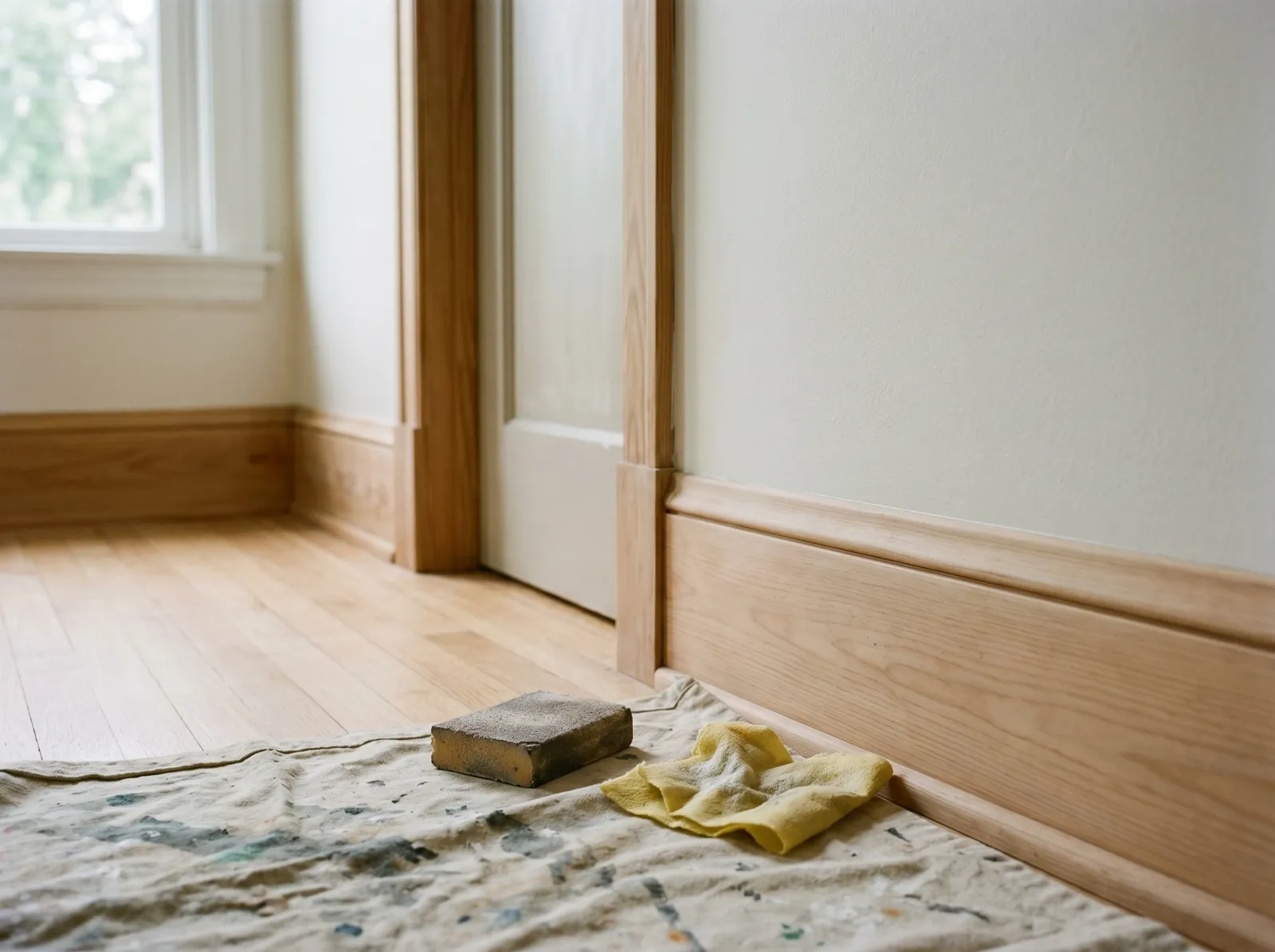 Varnished trim after scuff-sanding, surface uniformly dull with no gloss left