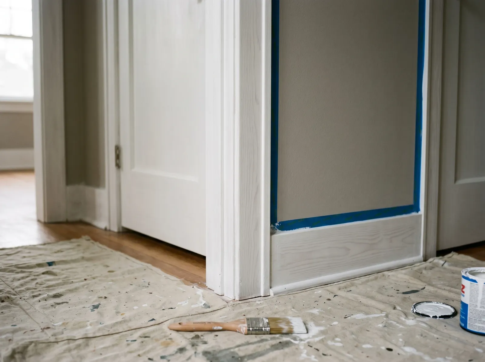 Trim coated with one thin coat of white bonding primer, grain faintly visible
