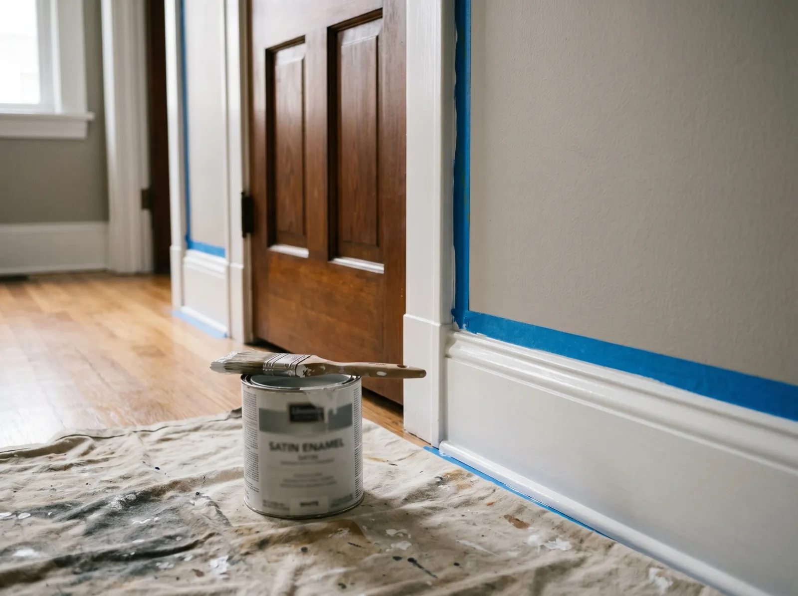 Trim with a first finish coat of white enamel drying, painter's tape still in place