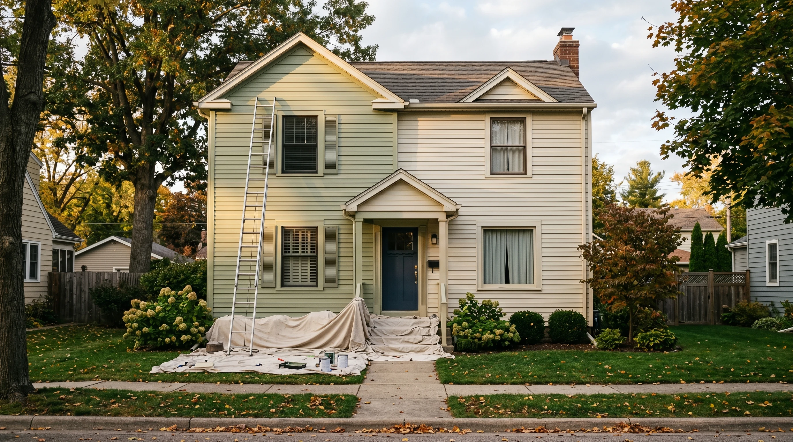 Two-story home with vinyl lap siding mid-repaint, one side fresh soft sage and the other side original pale cream